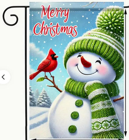 EV269583  Green Snowman & Cardinal Double-Sided Polyester Flag