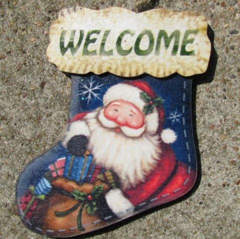 62290S Santa Welcome Stocking Wood Ornament