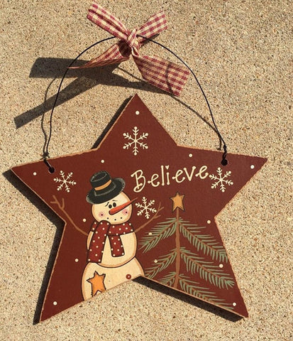 74704RB - Burgundy Believe Snowman wood Christmas Ornament