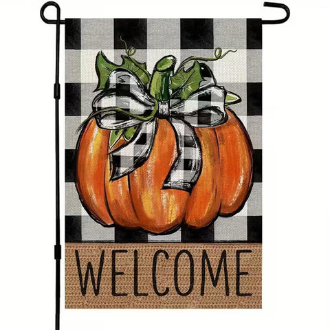 WC2790329 Autumn Pumpkin Garden Flag   Double-Sided Burlap Buffalo Plaid Welcome
