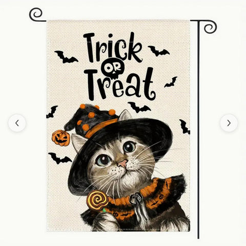 KP174754 Witch cat halloween trick or treat double sided garden flag