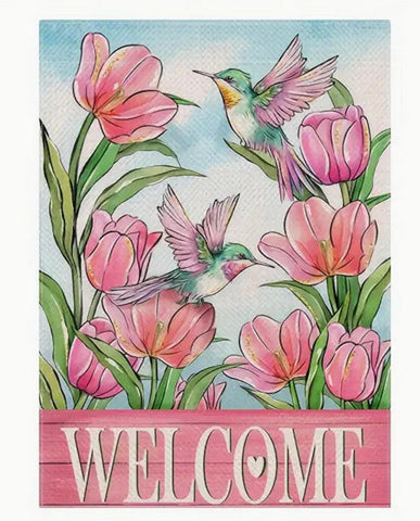 GH139386 Welcome Garden Flag - Spring Tulip and Hummingbird Burlap double sided