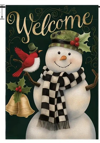 YG197995  wleomce snowman and cardinal garden flag double sided