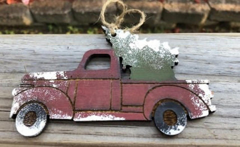 Wood Red Truck with Christmas Tree Handmade Christmas Ornament