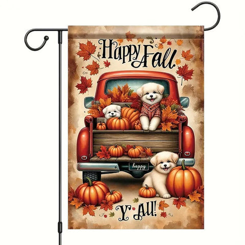 UW160101 happy fall y'all   pumpkins puppies truck double sided garden flag