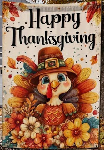 NR9290212 Double-Sided Garden Decor Garden Flag Cartoon Turkey with Pilgrim Hat
