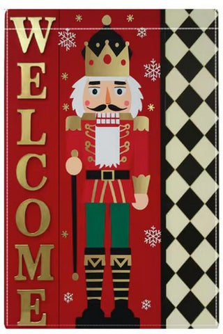 DK7387016  Nutcracker Welcome Garden Flag - Red, Black & White with Nutcracker