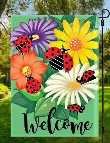 GM725569 Ladybug & Floral Welcome Garden Flag - 12x18inch, Double-Sided