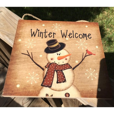 Primitive Wood Hanging Snowman 2426 Winter Welcome Sign
