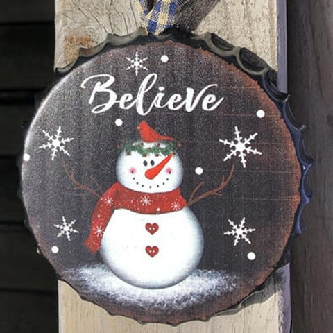 206-79107NB Believe Snowman Metal Bottle Cap Ornament