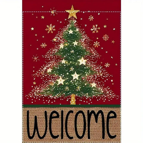 DJ1654203 Christmas Tree Garden Flag - Durable Linen Blend, Red Holiday