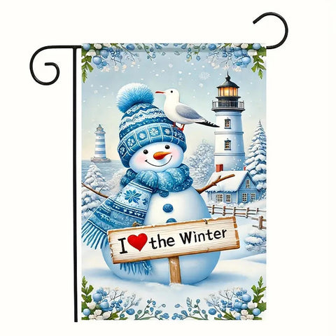 JR175878 I love the winter snowman lighthouse double sided garden flag