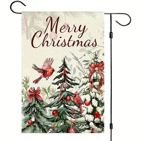RU4709159 Double-Sided Merry Christmas Garden Flag - Red Cardinals, Pine Trees,