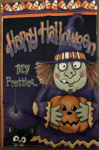 Happy Halloween Purple wizard hat cloak witch black cat garden flag double side