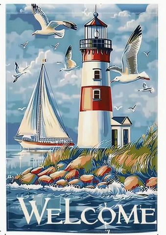 BG98073 Welcome Spring Lighthouse Summer Coastal Seagull Birds Nautical Sailboat