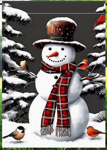 BT6397658   Snowman with Bird Pattern Garden Flag, Red Plaid Scarf and Hat