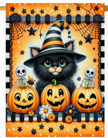HM245443 Halloween Polyester Garden Flag - Dual-Sided Witch Hat Cat & Pumpkin