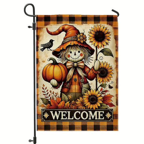 FD231918 Autumn Harvest Welcome Scarecrow Garden Flag: Double-Sided Linen Flag