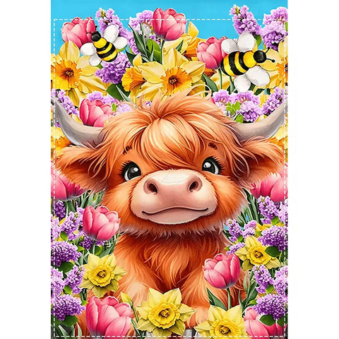 EF5357506  Highland Cow & Bee Garden Flag - Double-Sided with Cute Highland Cow,