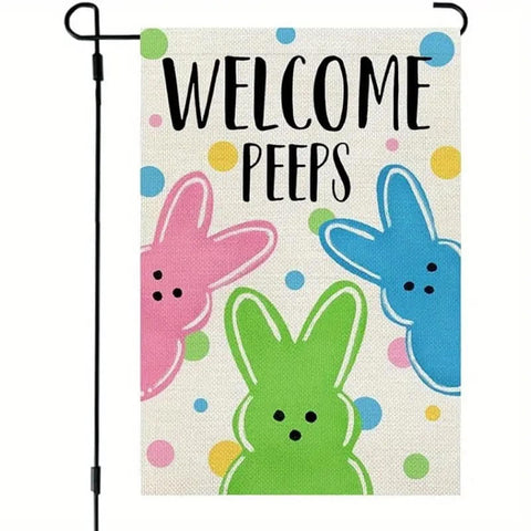 DJ64030 Welcome Peeps Easter Garden Flag double sided linen