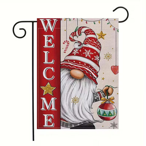 PK3620780 Christmas Welcome Garden Flag - Gnome with Red & White Welcome Banner