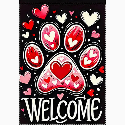 EW806964 Valentine's Day 'Welcome' Garden Flag Paw & Heart Design, polyester