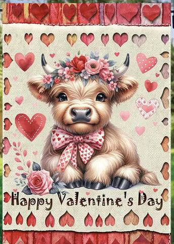 TJ13226530 Happy Valentine's Day Garden Flag with Cute Highland Cow