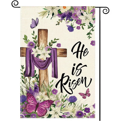 PC11721223 He Is Risen Garden Flag | Double-Sided Purple Burlap Floral Cross