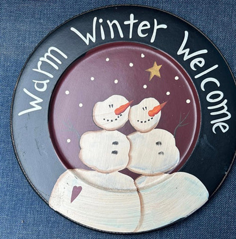 3W9640 Primitive Snowman Plate Warm Winter Welcome