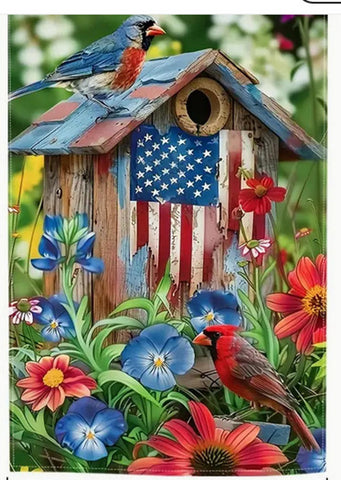 HD96592 Patriotic spring Garden Flag, Birdhouse Floral Cardinal, double sided