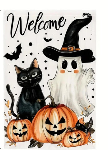 HV97890 ghost pumpkin lantern garden flag black cat double sided