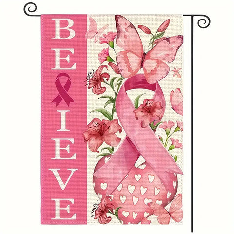 QW32883 Breast Cancer Awareness Garden Flag Double sided pink ribbon