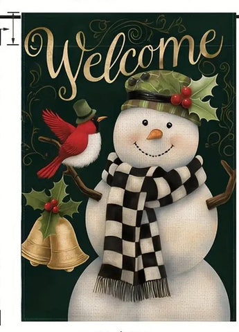 YG197995  Welcome Snowman and Cardinal Garden Flag, Double-Sided Festive Linen