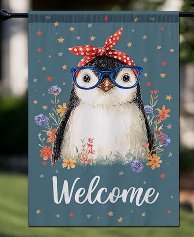 TQ3883923 Adorable Penguin with Glasses & Red Polka Dot Bandana Garden Flag -