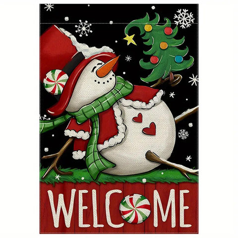 RQ306261 Christmas Snowman Garden Flag - Snowman, Snowflakes & Christmas Tree