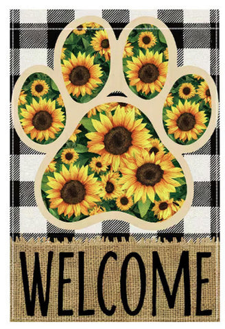 NJ7744292 Sunflower Paw Print Black & White Buffalo Plaid Garden Flag