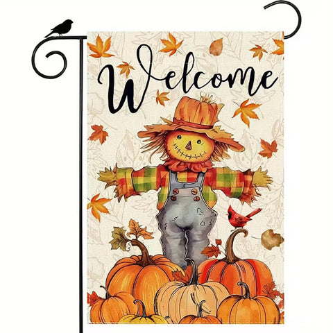 WW3979896 Fall Welcome Scarecrow Pumpkins Maple Leaves Cardinals Birds Autumn