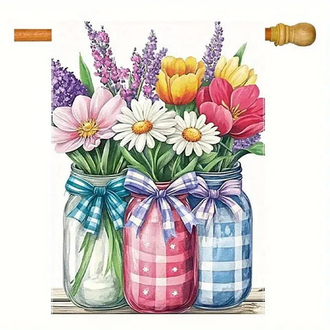 UR1918220 Vibrant Spring Flowers in Mason Jar Garden Flag - Double-Sided, linen
