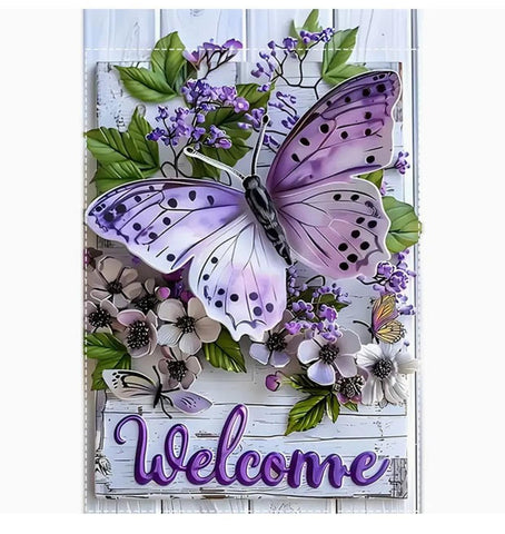 TP596312 Charming Purple Butterfly & Floral Welcome Garden Flag - Durable Polyes