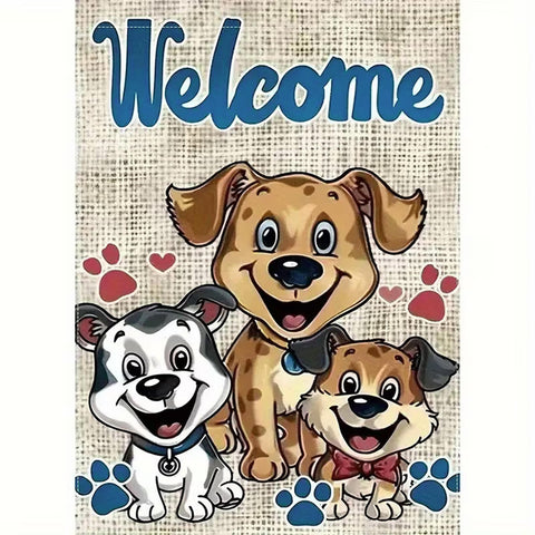 47MWX52K25 Welcome Dog and Puppy Paw Print Polyester Garden Flag | Double-Sided