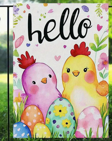 XB2354878 Double-Sided Linen Garden Flag - Charming Chick & Egg Design, "Hello"