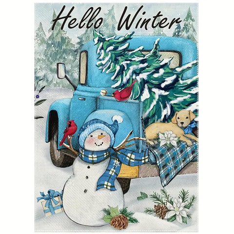 BM216594 Hello Winter" Blue Truck Snowman Garden Flag