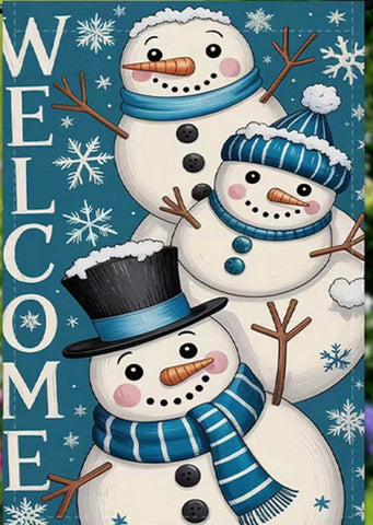 BT7414286 Winter Snowman Garden Flag   Cheerful Snowmen, Snowflakes & Welcome