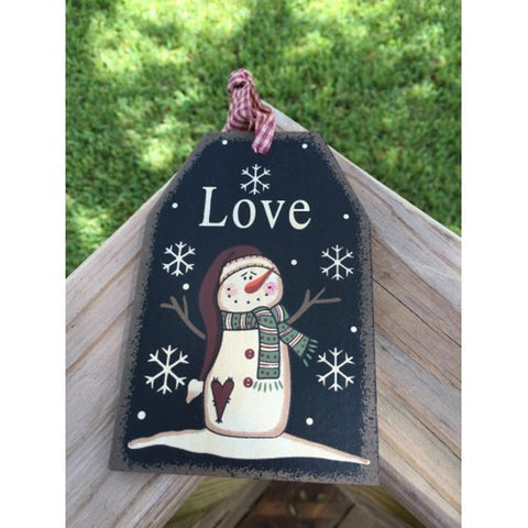 Primitive Wood Gift Tag 206-69483 Love Black Snowman Tag Ornament