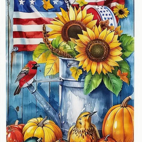 DR98604 American Autumn Primitive Garden Flag, Patriotic Sunflowers double sided