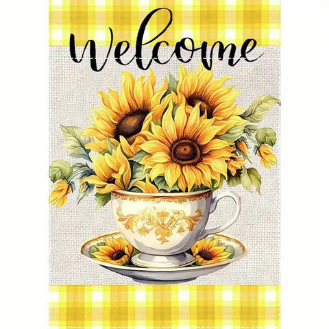 XF1911844 Sunflower Teacup Welcome Garden Flag, Double-Sided, Burlap