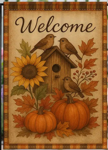 NA7091366 Double-Sided Welcome Garden Flag with Sunflowers, Birds & Pumpkins