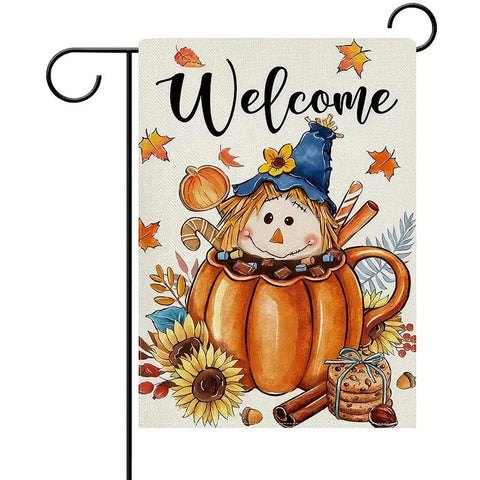 CY223388 Welcome autumn harvest scarecrow and pumpkin, linen, double sided