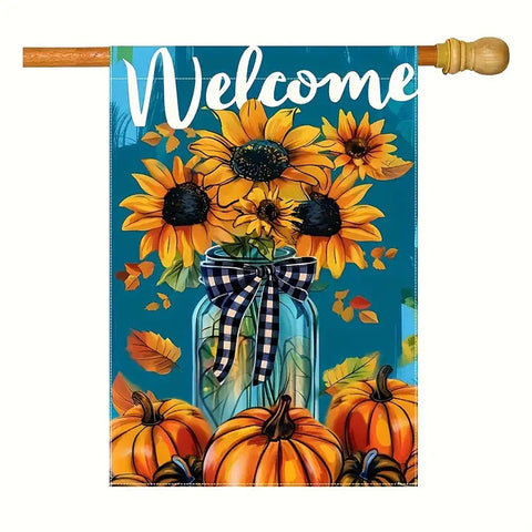 KF226638  Welcome Garden Flag - double sided Sunflower & Pumpkin with Mason Jar