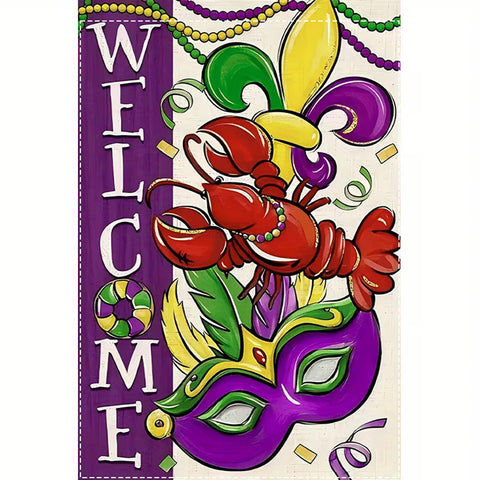 JP5159835 Mardi Gras Welcome Garden Flag- Vibrant Crawfish & Fleur-de-Lis